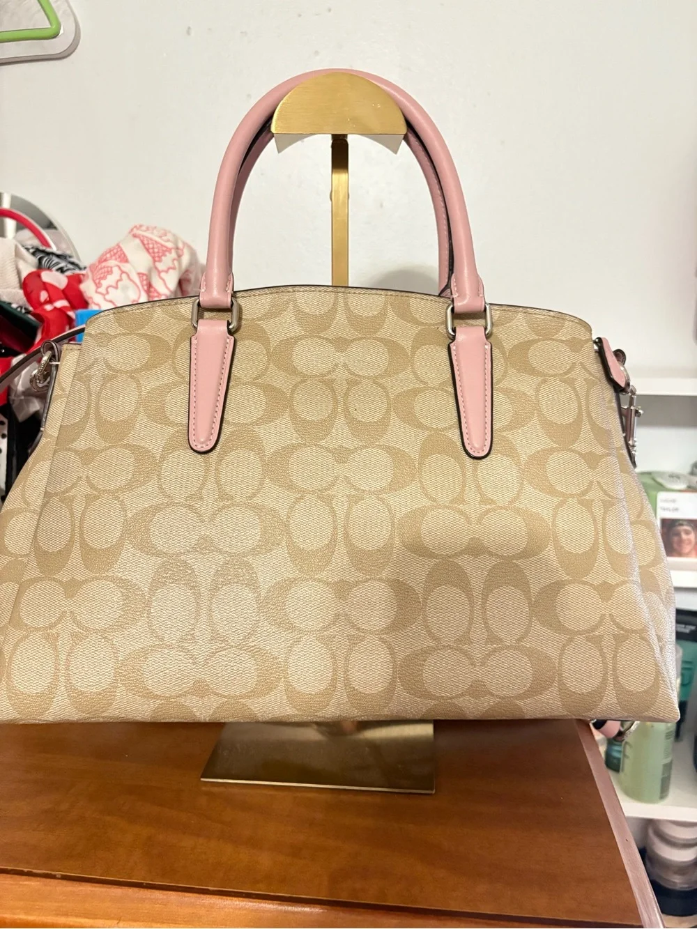 Coach Signature Canvas Satchel with Pink Leather Trim and Matching Wallet
